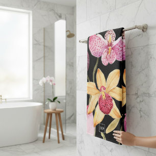 Exotic Orchid Watercolor Floral Pattern Black Bath Towel Set