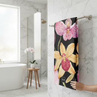 Exotic Orchid Watercolor Floral Pattern Black Bath Towel Set