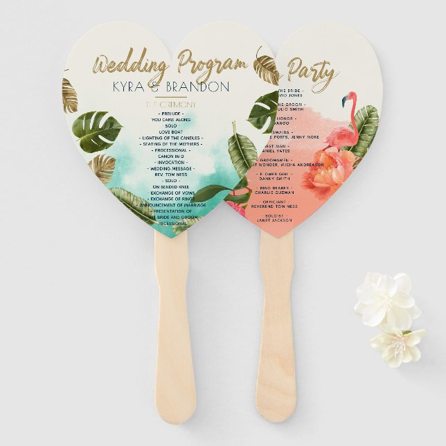 Exotic Paradise Watercolor Wedding Program Hand Fan (Front and Back)