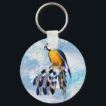 exotic-parrot bird tone feather guests gift keychain<br><div class="desc">Blue exotic-parrot bird tone feathers on a soft blues feather background</div>