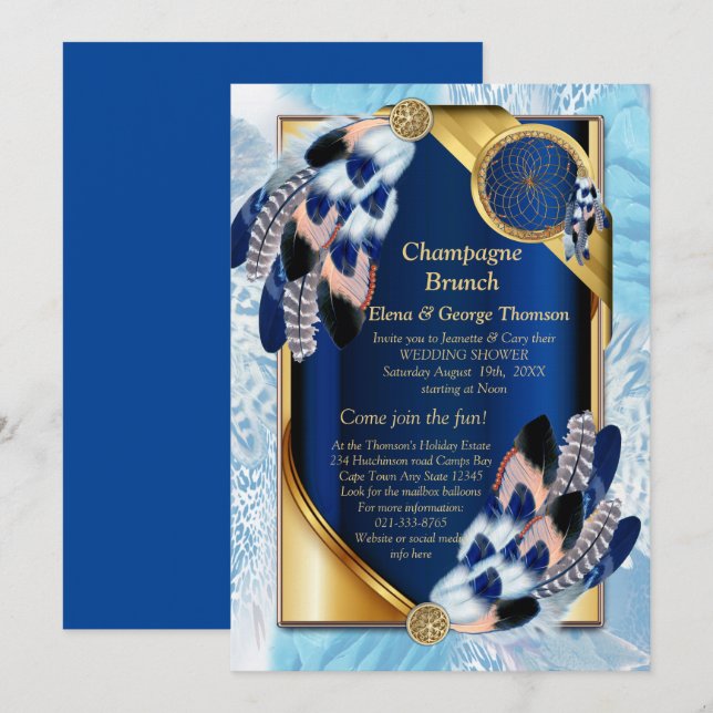 Exotic-Parrot Blue tone feathers Couple Shower Invitation (Front/Back)
