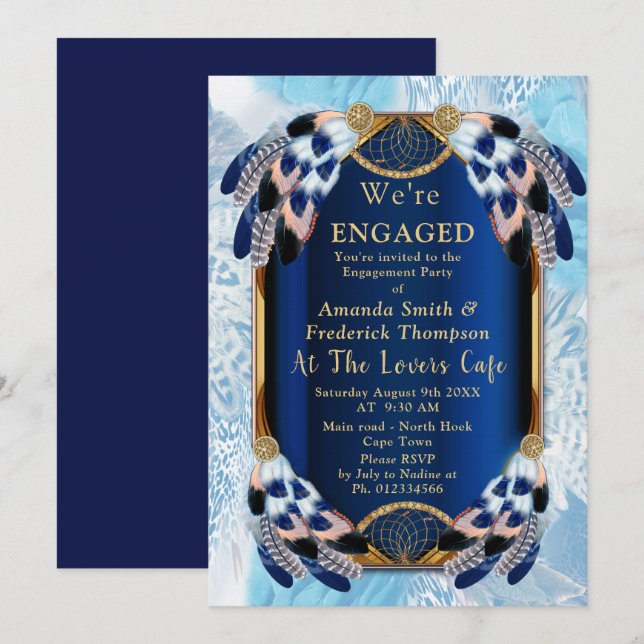 Exotic-Parrot Blue tone feathers Engagement Invitation (Front/Back)