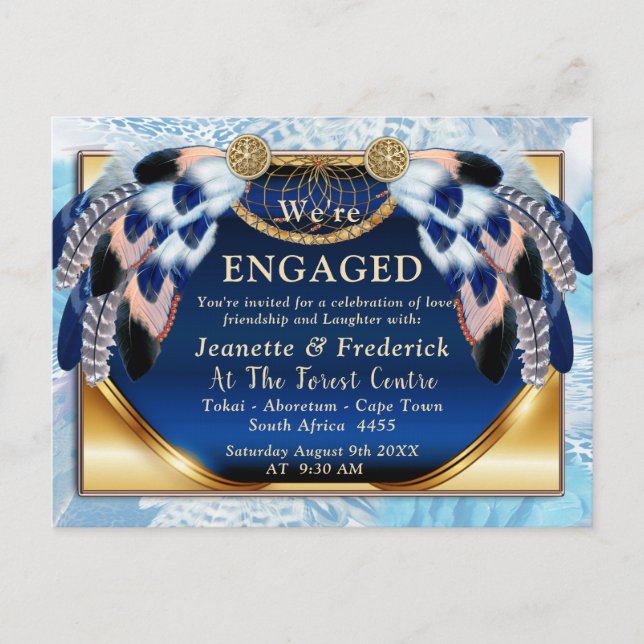 Exotic-Parrot Blue tone feathers Engagement Invitation Postcard (Front)