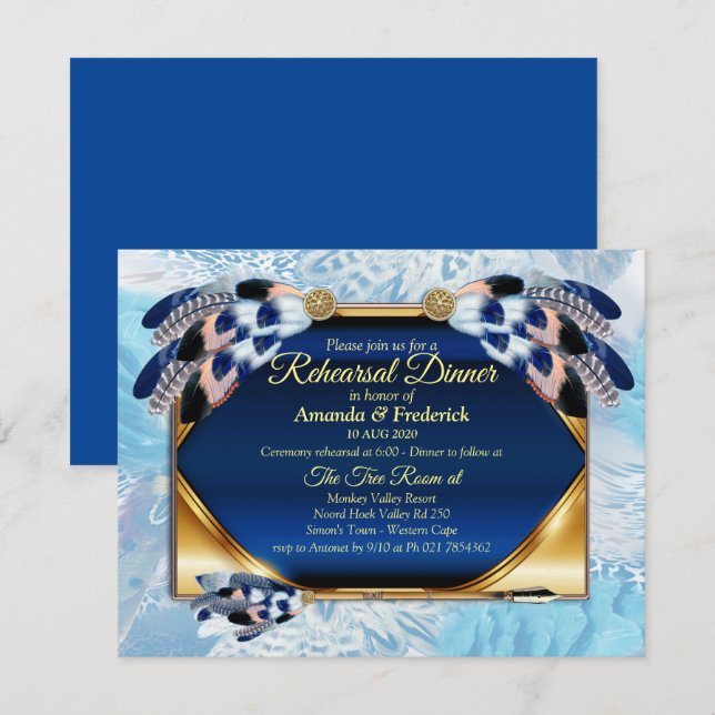 Exotic-Parrot Blue tone feathers Rehearsal dinner Invitation (Front/Back)