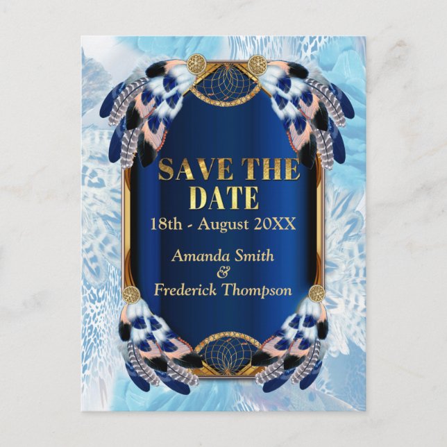 Exotic-Parrot Blue tone feathers Save the Dates Announcement Postcard (Front)