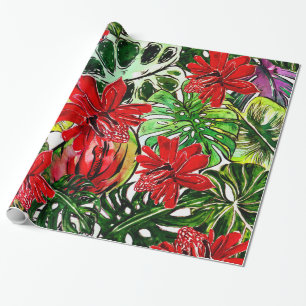 Exotic Passiflora Flowers Jungle Watercolor Patter Wrapping Paper