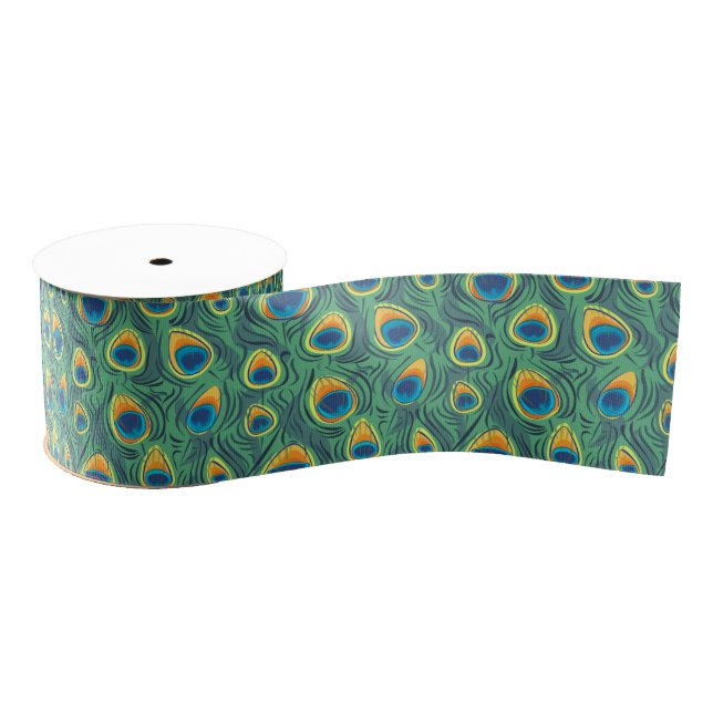 Exotic Peacock Feather Pattern Jewel Green Grosgrain Ribbon (Spool)