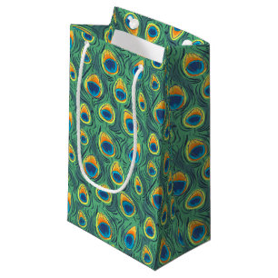 Exotic Peacock Feather Pattern Jewel Green Small Gift Bag