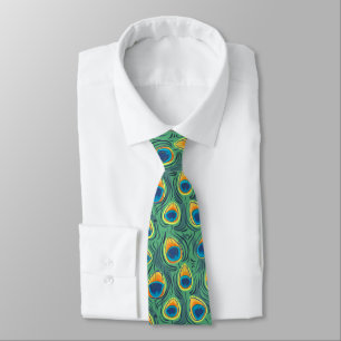 Exotic Peacock Feather Pattern Jewel Green Tie