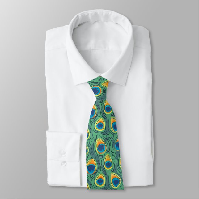 Exotic Peacock Feather Pattern Jewel Green Tie (Tied)