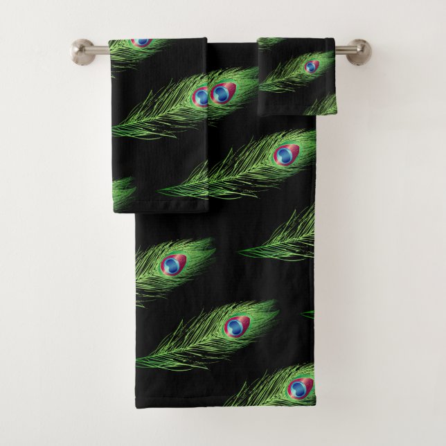 Exotic peacock feathers on black towel set (Insitu)