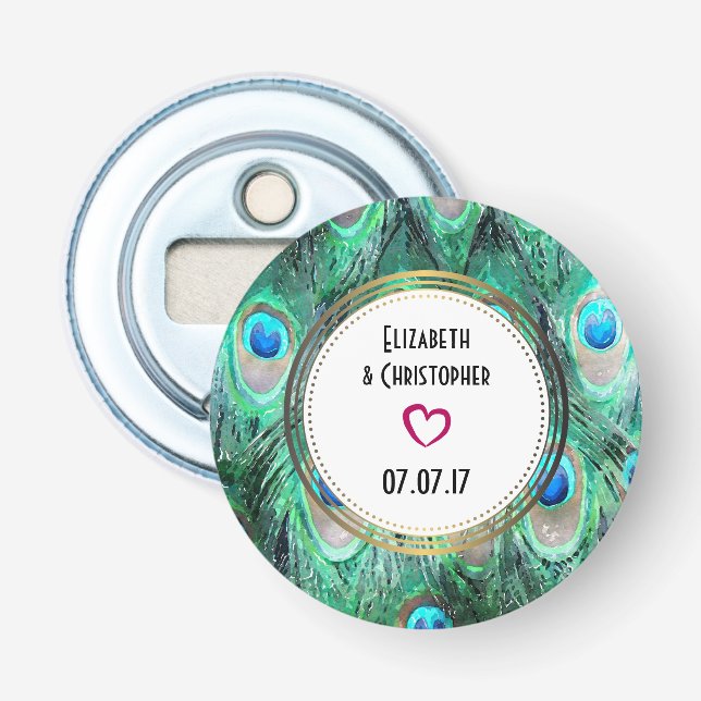 Exotic Peacock Feathers Wedding Favour Bottle Opener (Front)