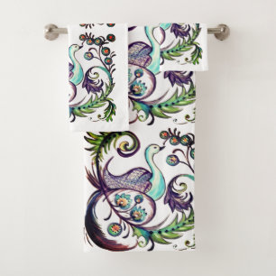 Exotic Peacock PurpleTurquoise Scroll Chinoiserie Bath Towel Set