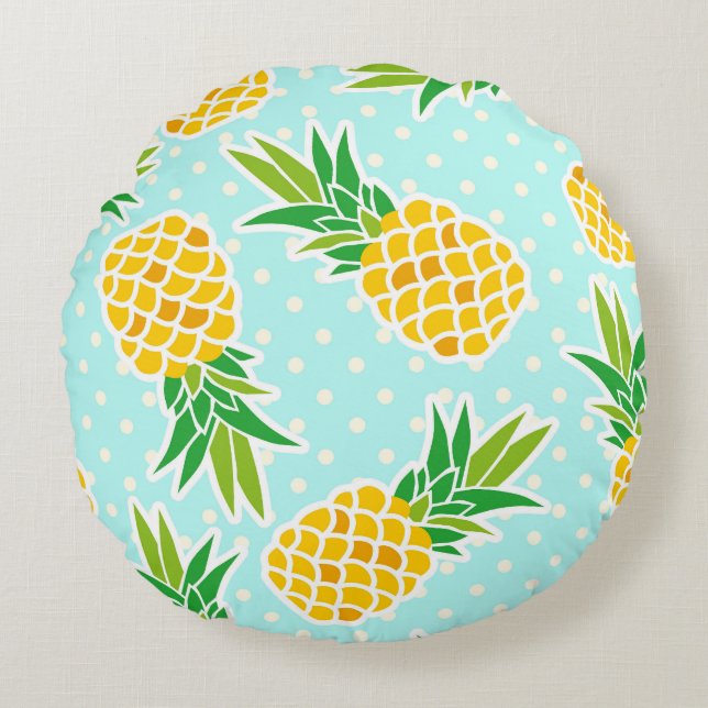 Exotic Pineapples: Blue Polka-Dot Fun. Round Pillow (Front)