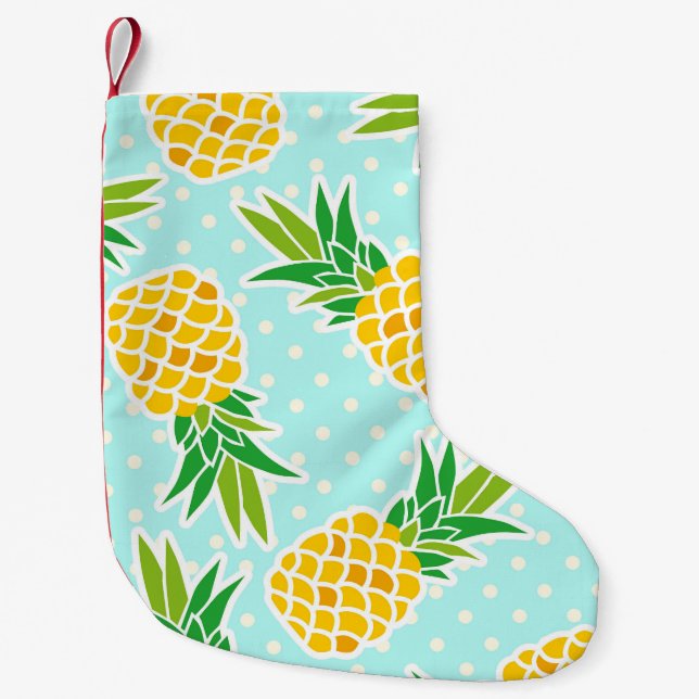 Exotic Pineapples: Blue Polka-Dot Fun. Small Christmas Stocking (Front)