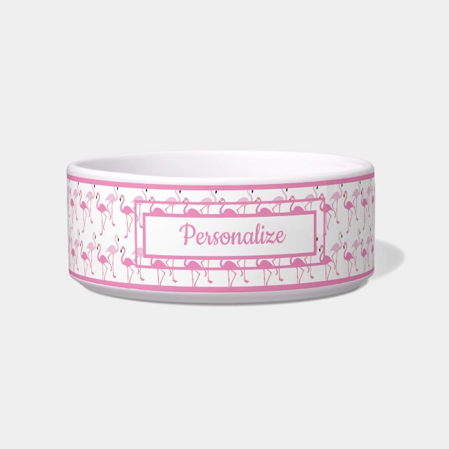 Exotic Pink Flamingo Pattern Personalized Cat Dog Bowl (Front)