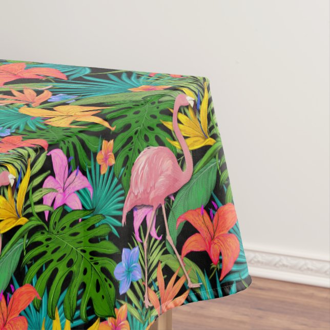 Exotic Pink Flamingo Tropical Flowers Foliage Tablecloth (In Situ)