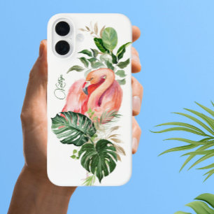 Exotic Pink Flamingo Tropical Watercolor and Name  iPhone 16 Plus Case