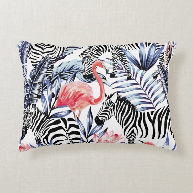 Exotic pink flamingo, zebra on background summer b accent pillow (Front)