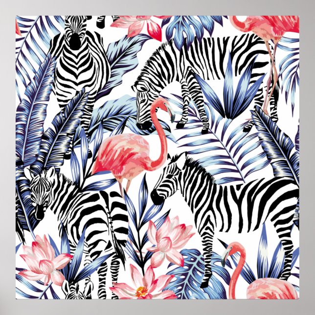 Exotic pink flamingo, zebra on background summer b poster (Front)