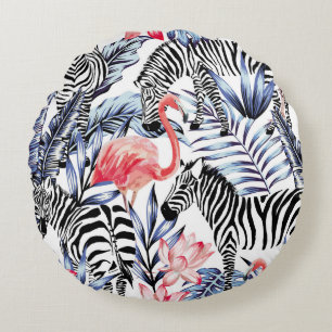 Exotic pink flamingo, zebra on background summer b round pillow