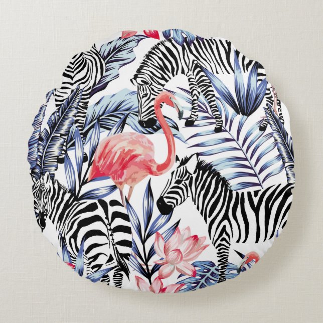 Exotic pink flamingo, zebra on background summer b round pillow (Front)