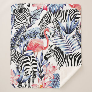 Exotic pink flamingo, zebra on background summer b sherpa blanket