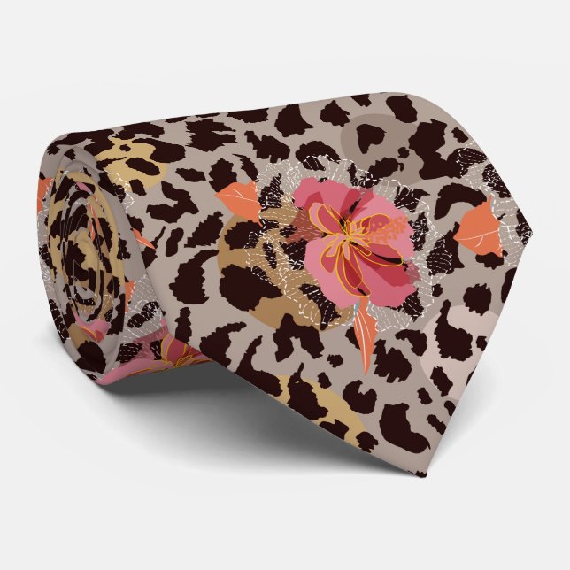 Exotic Pink Floral on Leopard Animal Print Tie (Rolled)
