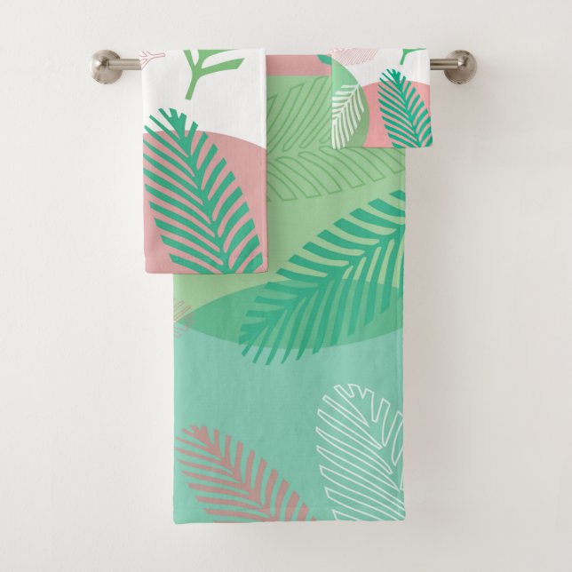 Exotic Pink Green Palm Leaves Pattern  Bath Towel Set (Insitu)