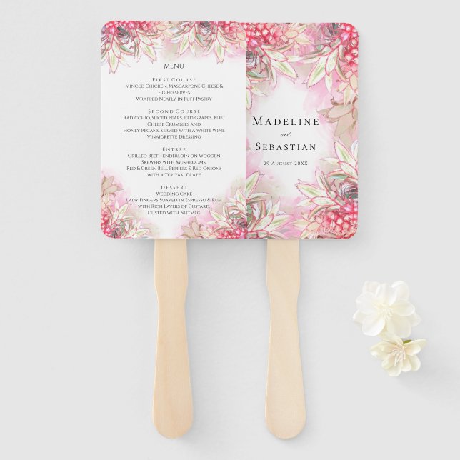 Exotic Pink Pineapples Blush Wedding Menu Hand Fan (Front and Back)