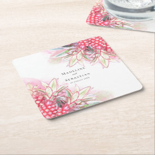 Exotic Pink Pineapples Blush Wedding Square Paper Coaster