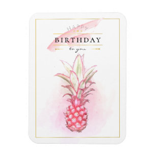 Exotic Pink Pineapples Watercolor Birthday Art Magnet
