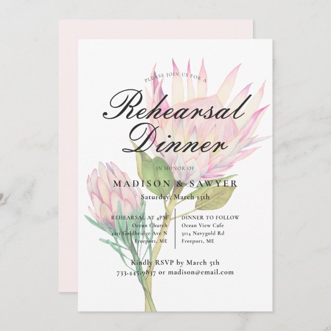 Exotic Pink Protea Floral Wedding Rehearsal Dinner Invitation (Front/Back)