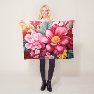 Exotic Pink Tropical Floral Garden Fleece Blanket
