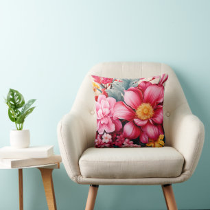 Exotic Pink Tropical Floral Garden Throw Pillow