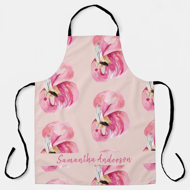 Exotic Pink Watercolor Flamingo Pattern & Name Apron (Front)