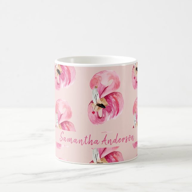 Exotic Pink Watercolor Flamingo Pattern & Name Coffee Mug (Center)