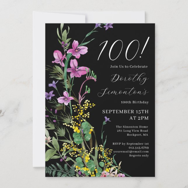 Exotic Pink Yellow Wildflowers 100th Birthday Invitation (Front)