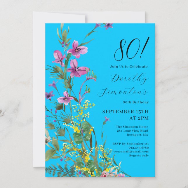 Exotic Pink Yellow Wildflowers 80th Birthday Invitation (Front)