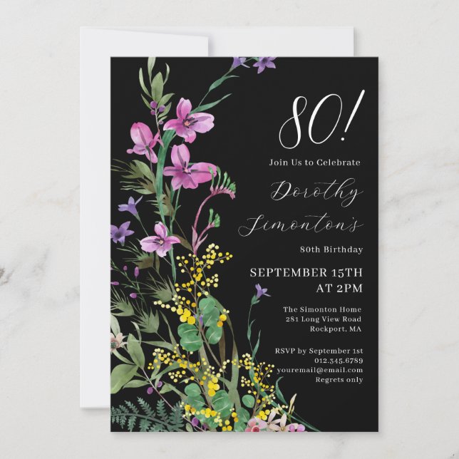 Exotic Pink Yellow Wildflowers 80th Birthday Invitation (Front)