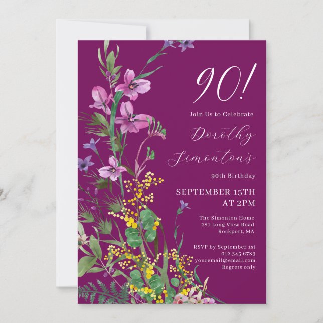 Exotic Pink Yellow Wildflowers 90th Birthday Invitation (Front)