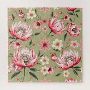 Exotic Protea Flower Botanical Sage Green Luxury  Jigsaw Puzzle
