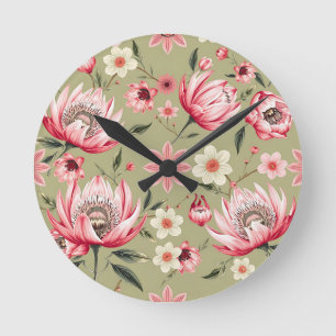 Exotic Protea Flower Botanical Sage Green Luxury Round Clock