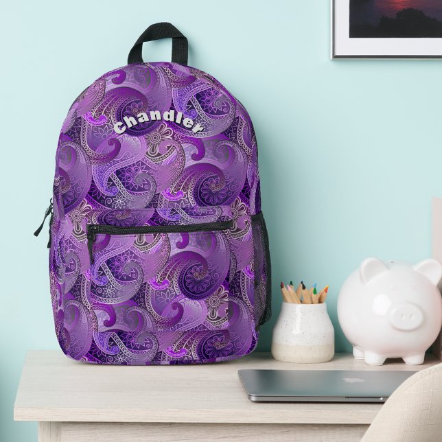 Exotic Purple Paisley Pattern with Your Name Printed Backpack (Creator Uploaded)