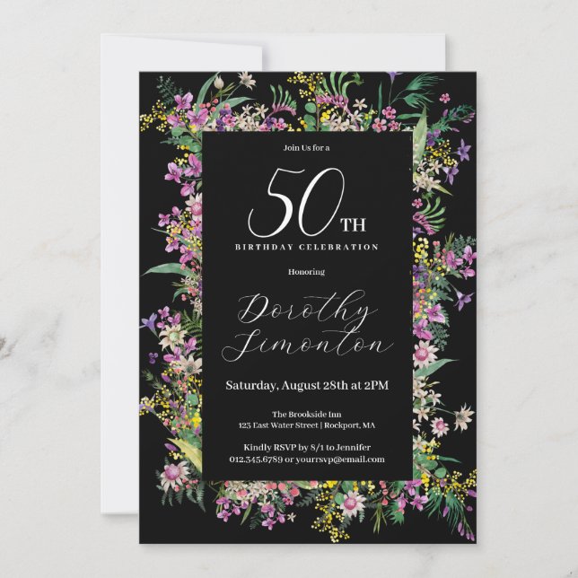 Exotic Purple Pink Yellow Wildflower 50th Birthday Invitation (Front)