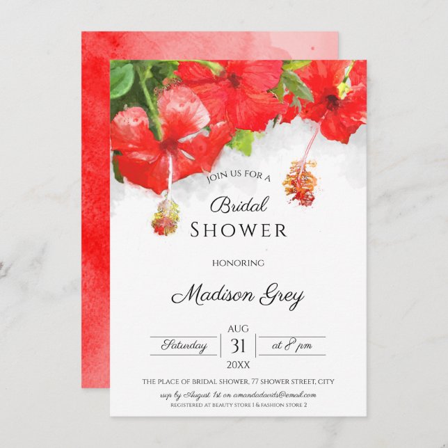 Exotic Red Hibiscus Flower Art Bridal Shower Invitation (Front/Back)