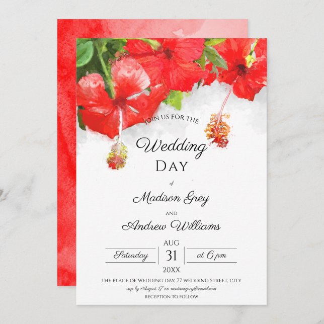 Exotic Red Hibiscus Flower Art Wedding Invitation (Front/Back)