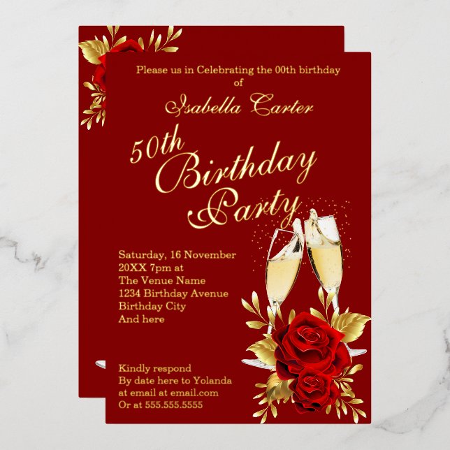Exotic Red Rose Gold Floral Birthday Party  (Front/Back)