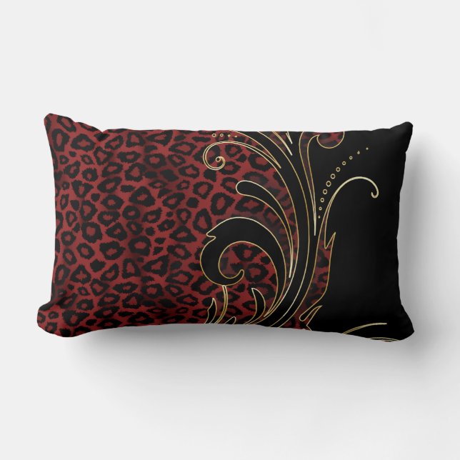 Exotic Rich Dark Red Leopard Animal Pattern Lumbar Pillow (Front)