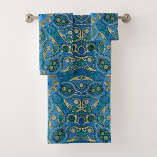 Exotic Royal Blue and Gold Monogram Mandala Bath Towel Set